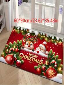 1pc New Red Flannel Christmas Non-Slip Santa Claus & Reindeer Pattern Carpet, Suitable For Living Room, Bedroom, Indoor - Machine Washable - Flannel Material, Delicate Wrap, Skin-Friendly, No Pilling, Water-Resistant Easy Care, Odorless - Ideal For Home Decor, Room Decor, Living Room Rug, Bedroom Rug, Bathroom Rug, Kitchen Rug, Area Rug, Hotel Decor - Area Rug, All Season Use