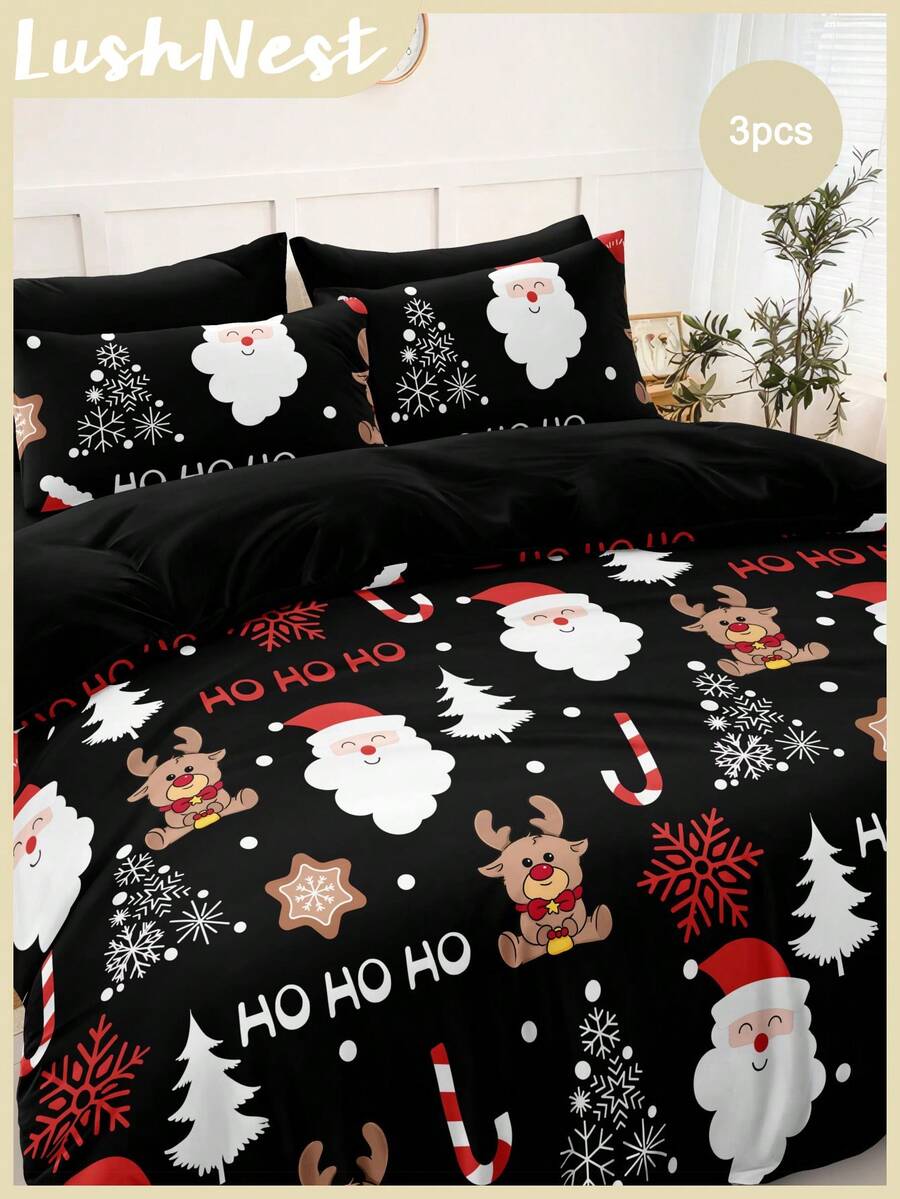 3 Stücke Weihnachts-Hirsch-Weihnachtsmann Digital bedruckter Tagesdecken-Set (1 Tagesdecke + 2 Kissenbezüge ohne Füllung) Tägliche Polyester-Chemiefaser, weich und hautfreundlich, geeignet für Schlafzimmer, Hauptschlafzimmer, Gästezimmer und Nebenschlafzimmer das ganze Jahr über - Verschiedenfarbig - Übersicht 1