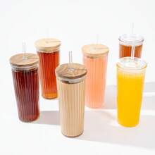 2pcs 4pcs 24oz Cute Iced Coffee Glass Cup Set With Plastic Lid And Glass Straw, Large Simple Stripe Clear Water Glass Tumbler With Bamboo Lid And Straw, Suitable For Juice Ice Cream Milk Tea, Perfect Gift - 2pcs tumbler with bamboo lid - 查看 5