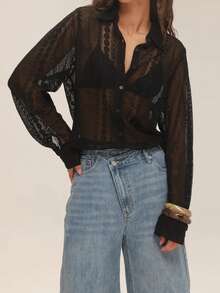 Women Sheer Lace Blouse Loose Casual Long Sleeve Button-Up Collared Shirts For Spring Fall - Black - View 6