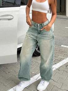Quần jeans ống đứng dáng rộng, phong cách retro thường ngày dành cho nữ cỡ lớn, mùa xuân. - Màu xanh hải quân - Xem 5