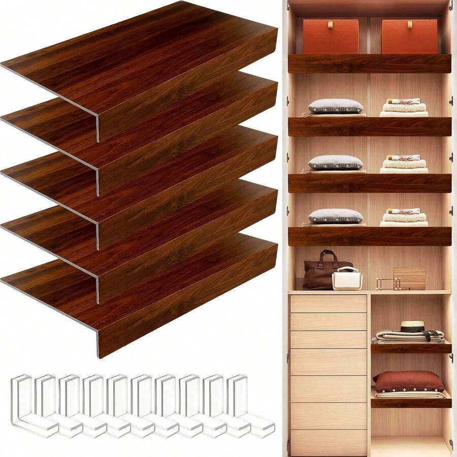 GCCSJ Faux Wood Shelf Cover,Shelf Covers For Wire Shelving,5-Piece Foam PVC Shelf Cover Set - 22" X 12" X 3" Faux Wood Grain Waterproof Padding With Corner Guards | Removable And Easy To Clean For Metal Shelves, Closet Organizers, Laundry Rooms, Oak/Walnut - 核桃 - 查看 1