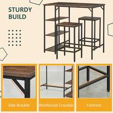 HOMCOM Industrial Dining Table Set For 2, Bar Table And Stools Set, Counter Height Kitchen Table With Chairs With Storage Shelf, Rustic Brown - 棕色 - 查看 4
