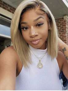 Ombre Brown Roots Ash Blonde 250 Density Short Straight Bob 13x4 HD Transparent Lace Front Wigs Human Hair Pre Plucked With Baby Hair Brazilian Virgin Blonde Bone Straight Lace Frontal Wigs For Women Natural Hairline For Daily - Bắt nguồn từ & Ombre - Xem 9