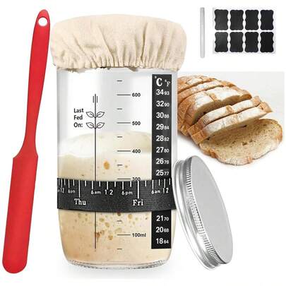 Sourdough Starter Kit - 24oz Glass Jar With Date Marker, Silicone Scraper & Thermometer, Reusable Bread Making Essentials, Baking Gift Set