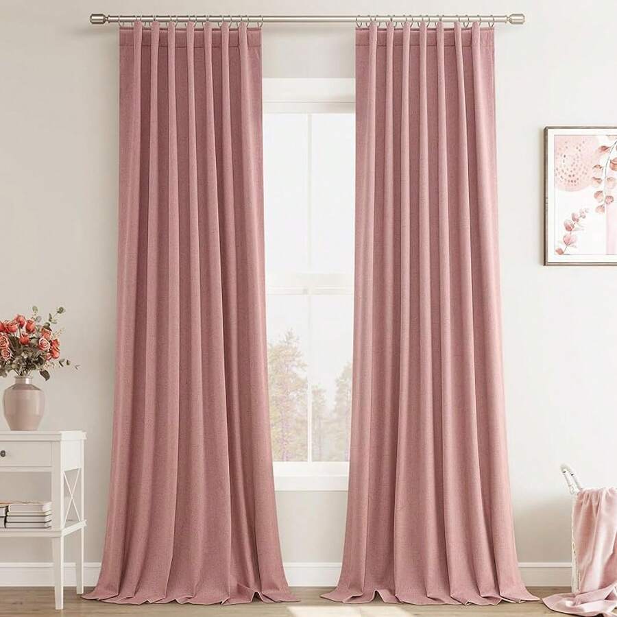 Beige Linen% Blackout Curtains 84 Inch Long, Rod Pocket/Back Tab/Hook Belt/Clip Rings, Thermal Insulated Drapes Bedroom Living Room With Hooks (1 Panel, 60 X 84), Stylish Window Treatments - Blush - View 1