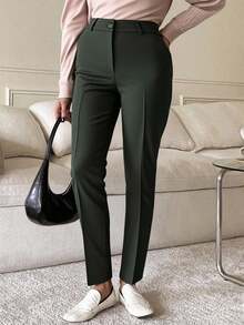 TAD Pantalón elegante para mujer pierna recta cintura entallada bolsillo botón color verde oscuro tela suave otoño invierno oficina diario - Verde - Ver 1