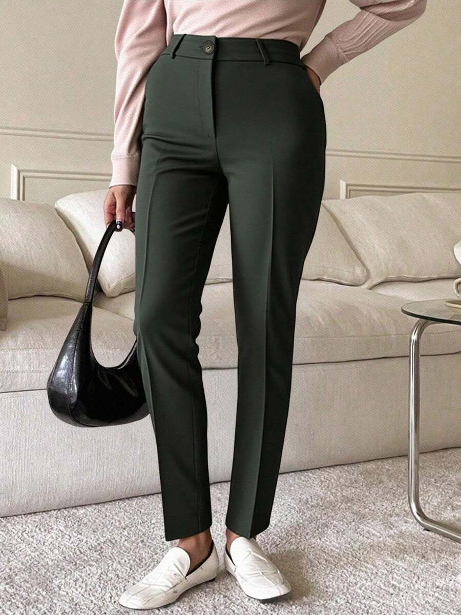 TAD Pantalón elegante para mujer pierna recta cintura entallada bolsillo botón color verde oscuro tela suave otoño invierno oficina diario - Verde - Ver 1
