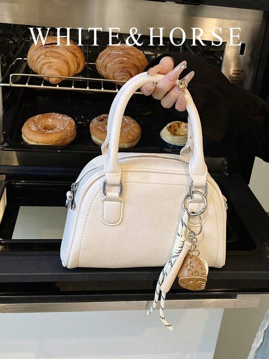 女士多功能通勤手提包，新款保龄球包款式单肩包/斜挎包 - 米色 - 查看 1