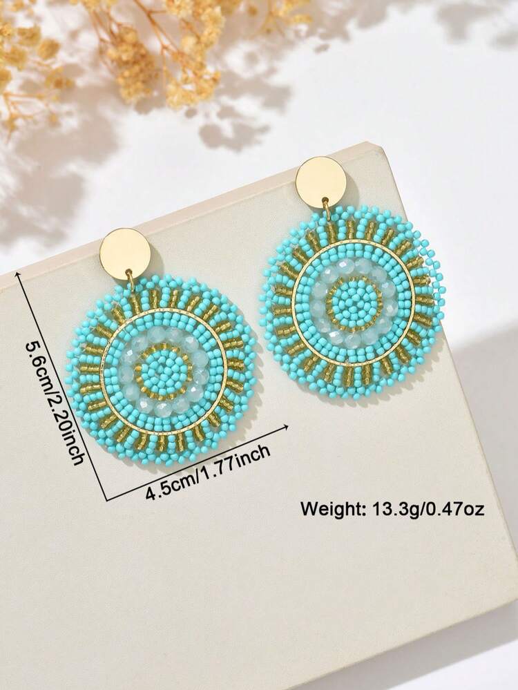 1 Pair Vintage Green Handmade Woven Disc Earrings With Colorful Beaded Tassels, Bohemian Style Suitable For Daily Wear By Women (Handmade, Bead Colors And Positions Are Random, Slight Friction Between Beads And Discs Is Possible) - Green - View 4