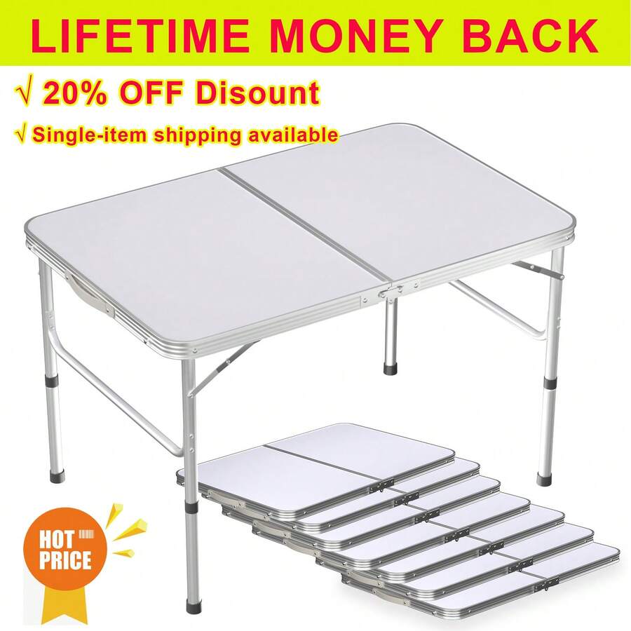 EFAN 3ft Folding Camping Table, Portable Foldable Pop-Up Picnic Tables For Outdoor Indoor Garden, Balcony Market Kitchen Work Table, 2 Height 67/37cm, Table Top Size: 90x60cm - 白色 - 查看 1