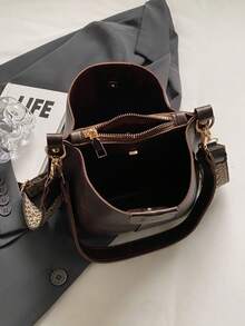 Mini Summer Fashion Texture Solid Color PU Bucket Bag Retro Versatile Women's Shoulder Bag - Coffee Brown - View 4