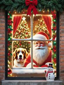 1 pieza/Decoración de cubierta de ventana con tema navideño, hecha de poliéster, con texto "Feliz Navidad", los patrones incluyen Papá Noel, pequeños animales con disfraces navideños, pájaros, pan, bolas de Navidad, pequeños árboles de Navidad y otros elementos, adecuado para decoración del hogar o la tienda durante la Navidad, decoración interior y exterior del hogar, decoración navideña - Multicolor - Ver 12