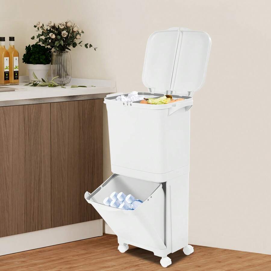 Eatssode 45L Abfalleimer, Große Kapazität Sortiermülleimer Vertikaler Mülleimer, Mülltrennsystem Abfalltrennsystem Mülleimer aus Kunststoff, 45°-Öffnung Müllbehälter mit 4 Universal-Räder