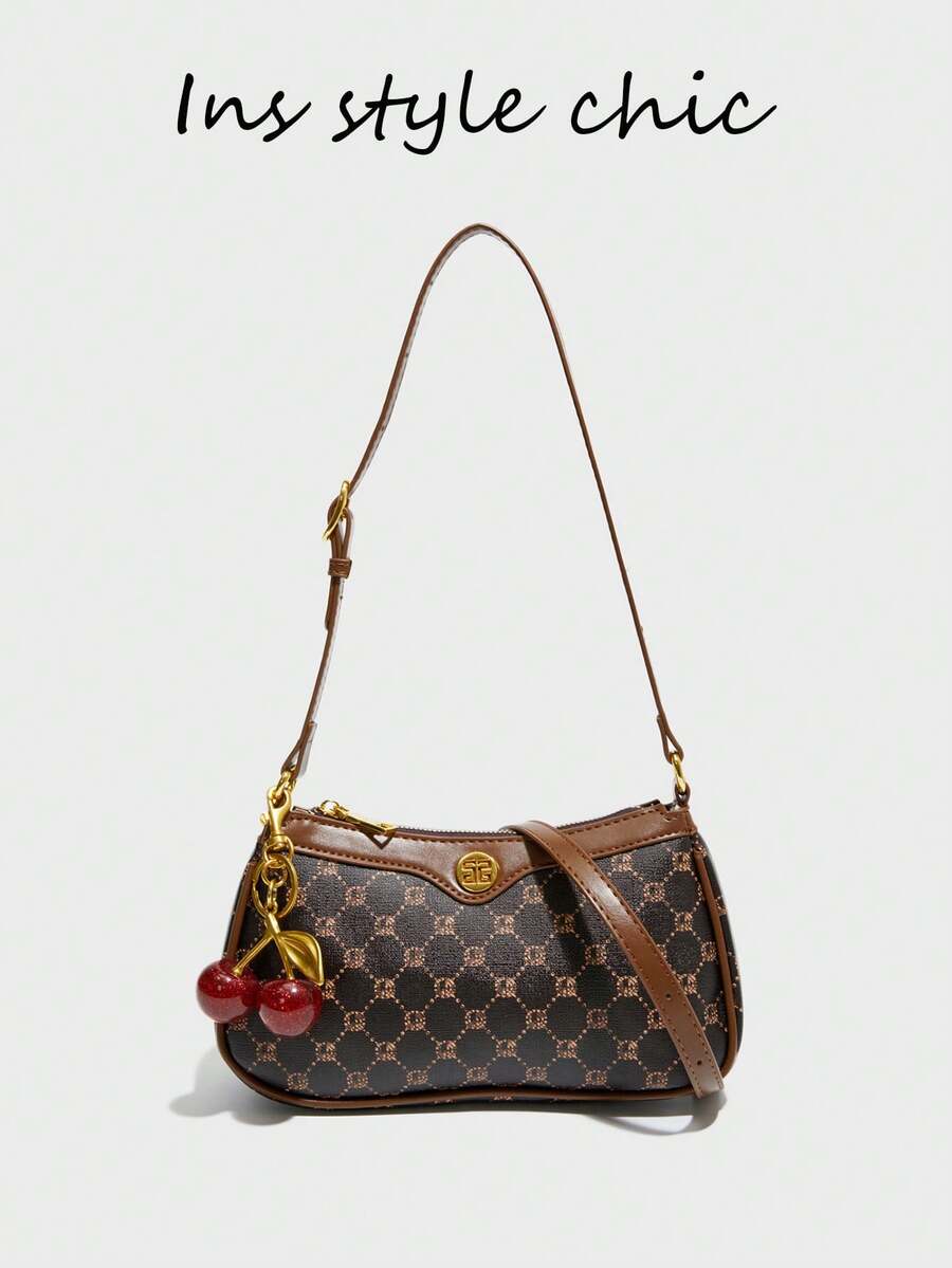 Klassische multifunktionale einfarbige PU wasserdichte Schultertasche, Metallschnallen-Dekor, Unterarmriemen-Design, Kaffeefarbe; Schultertasche mit Allover-Muster und Kirschanhänger-Dekor, Unterarmriemen-Design; Damen Pendlertasche, geeignet für Einkaufen, Pendeln und Ausflüge. - Kaffeebraun - Übersicht 1