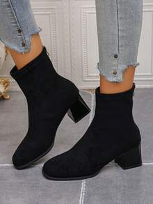 New Arrival Square Toe Chunky Heel Ankle Boots, Suede Mid-Heel Short Shaft Zipper Boots For Women - Black - View 3