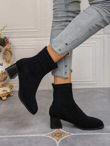 New Arrival Square Toe Chunky Heel Ankle Boots, Suede Mid-Heel Short Shaft Zipper Boots For Women - Black - View 4