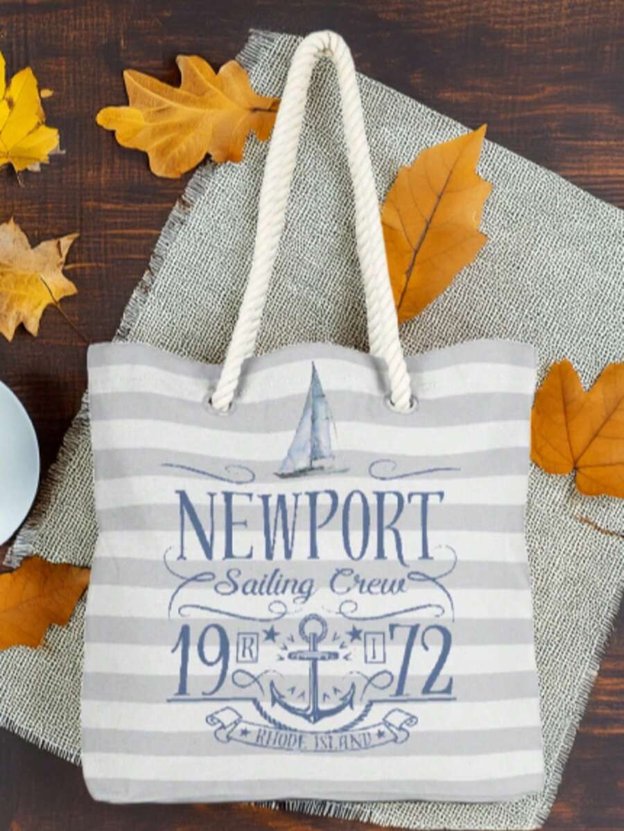 This Summer's Must-Have Bag! – Rope Handle Shoulder Bag | 40x40 Cm | Print | Made In Turkey - Khaki - View 1