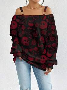 Plus Size Fashion Off-Shoulder Camisole Top, Suitable For Spring And Autumn - Red and Black - View 1
