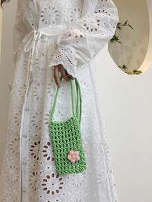 1 Pc Cute Casual Fresh Hollow Out Solid Color Crochet Mini Phone Bag Lightweight And Foldable With Small Flower Decoration Women's Vacation Crossbody Bag For Vacation Holiday For Daily Work Commuting Leisure Shopping And Fashion Clothing Matching - 彩色 - 查看 5