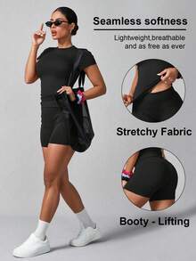 Women's Simple Solid Color Short Sleeve Shorts Sports Suit Black Summer - 黑色 - 查看 9