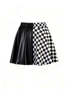 Y2K Gothic Punk Style Colorblock Black & White Checkerboard Patchwork Mini Skirt - Black and White - View 4