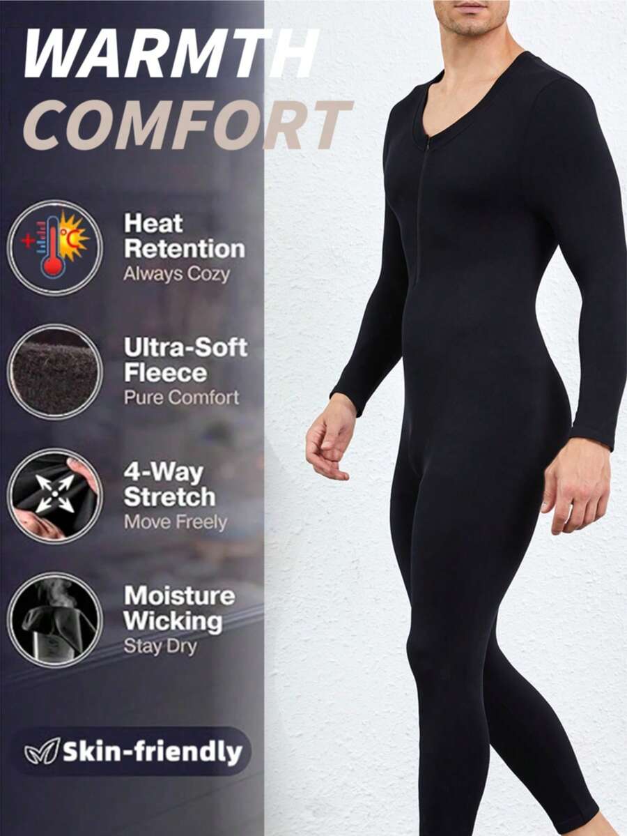 Plus Size Men's Seamless Slimming Bodysuit With Arm Compression, Long Sleeve And Long Pants