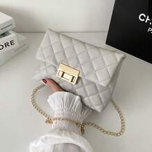 Bolso cuadrado pequeño con patrón de rombos y correa ajustable, nuevo bolso cuadrado pequeño de moda con patrón de rombos bordado para mujer, bolso de hombro con cadena de cierre cuadrado - Gris - Ver 1