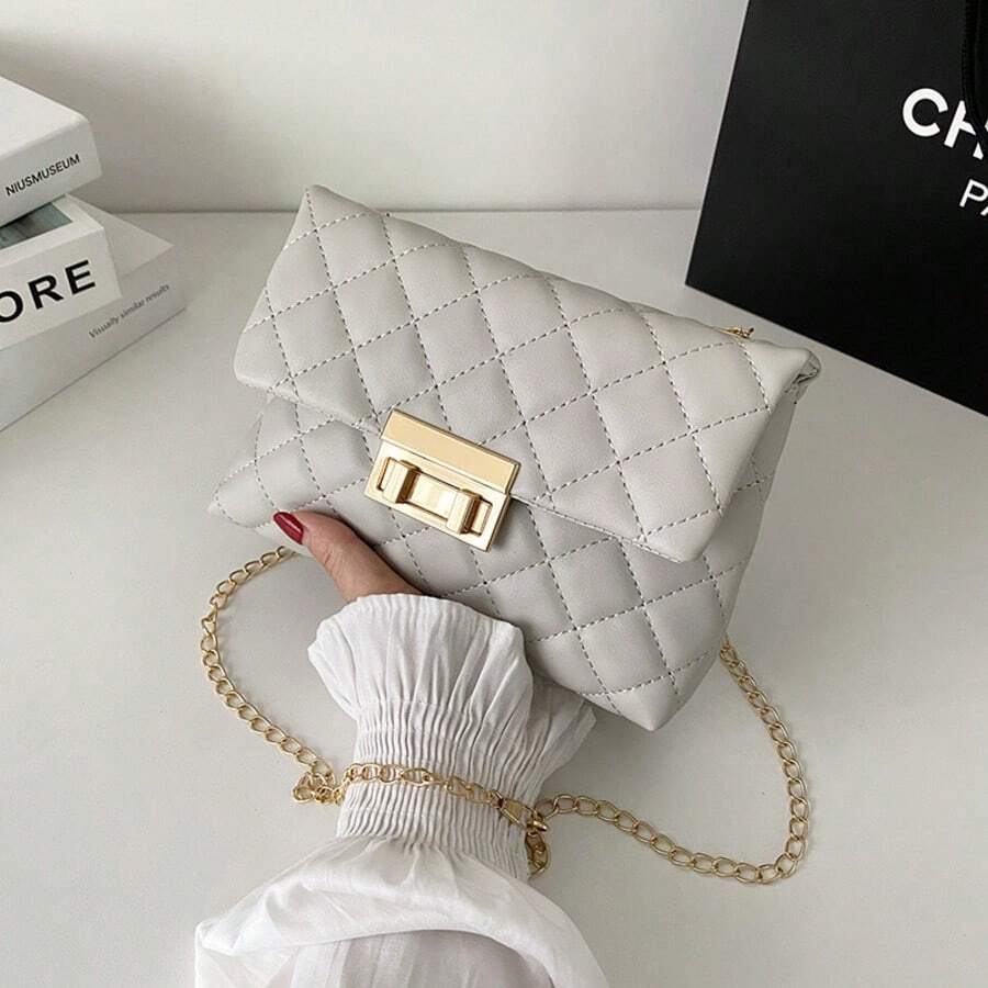 Bolso cuadrado pequeño con patrón de rombos y correa ajustable, nuevo bolso cuadrado pequeño de moda con patrón de rombos bordado para mujer, bolso de hombro con cadena de cierre cuadrado - Gris - Ver 1