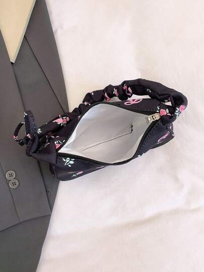 1pc New Floral Bow Print Shoulder Bag, Sweet & Versatile, With Zipper Closure And Comfortable Strap, Suitable For Outings And Various Occasions, Can Easily Accommodate Daily Necessities, A Fashionable Favorite That Goes With Everything.