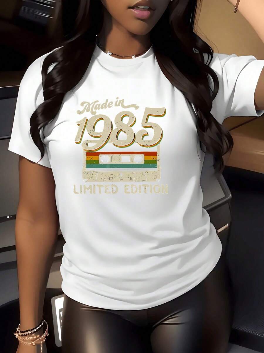 talla grande 1 unidad de 220 gramos camiseta retro Made in 1985 edición limitada Camisa de T 100% algodón con estampado digital vintage Camiseta de mujer con cuello redondo, diseño casual - Blanco - Ver 1
