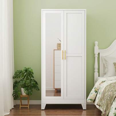 71 Inch High Metal Wardrobe, Bedroom Wardrobe With Mirror And Hanger, Steel Wardrobe With Adjustable Shelves And Storage Room, Suitable For Bedrooms, Laundry Rooms, Dormitories
