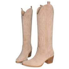Cowboy Boots For Women Knee High Boots Pointy Toe Suede Boots With Embroidered Chunky Heel Western Boots - Màu Khaki - Xem 1