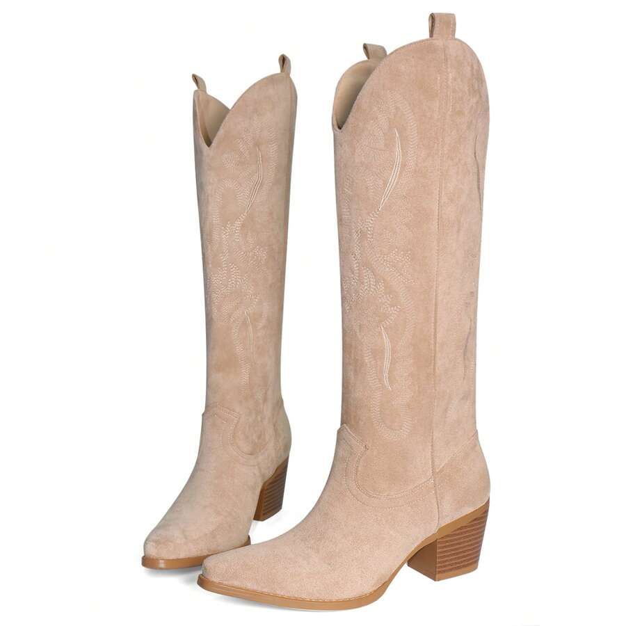 Cowboy Boots For Women Knee High Boots Pointy Toe Suede Boots With Embroidered Chunky Heel Western Boots - Màu Khaki - Xem 1