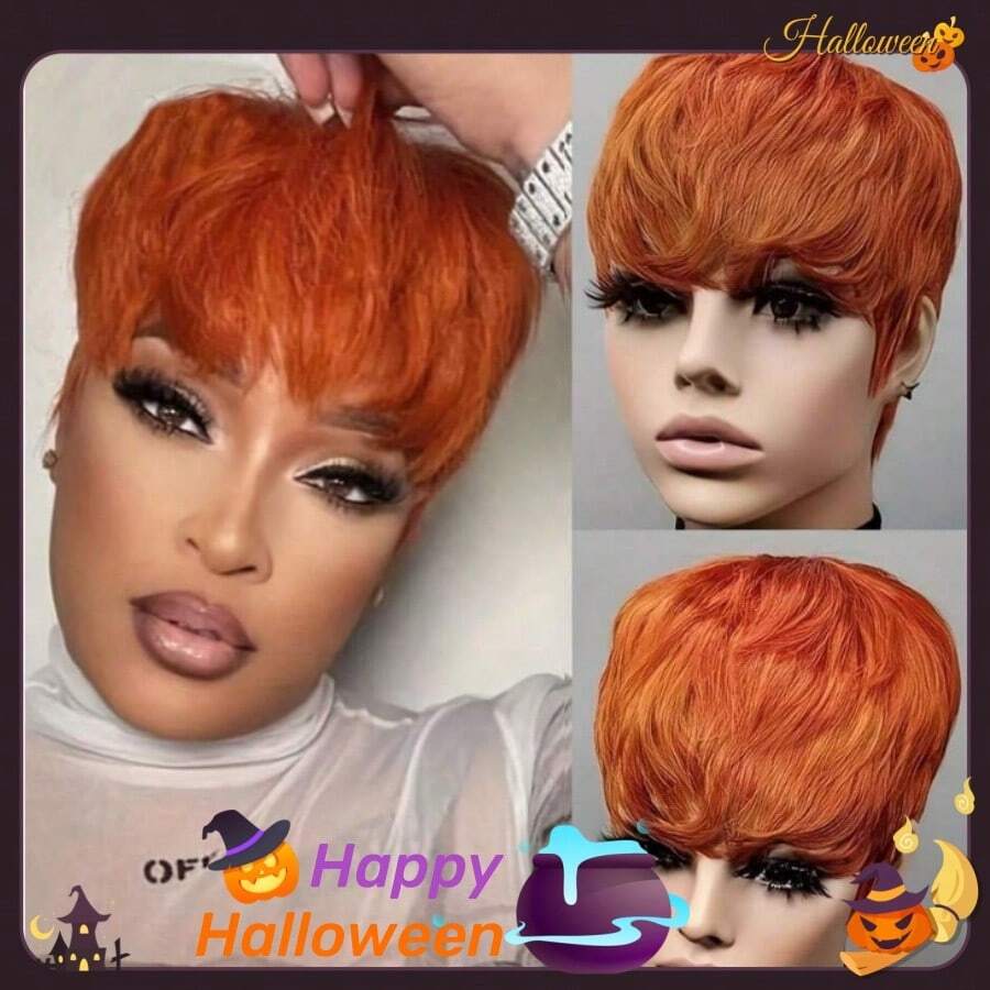 6inch Human Hair Short Pixie Cut Wig For Women Layered Hair With Bangs Wig Haircut Full Machine Made Wig For Halloween Costumes - S350 - View 1