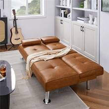 Butterslay 1PC 3-In-1 Faux Leather Convertible Sofa Bed Futon Ergonomic Adjustable Cup Holders Drop-Down Table Throw Pillows Space-Saving 772lb Capacity For Living Room Bedroom Guest Room, White/Gray/Espresso/Brown/Black - 棕色 - 查看 6