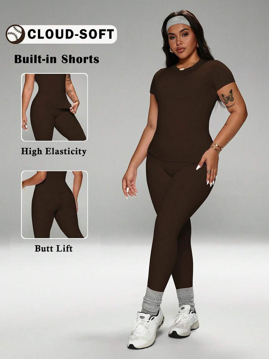 FWH Comfortable All-Day Set, Includes Waist Cincher Belt, Versatile Outfit, Comfortable Yet Fashionable Athleisure Essential Set, Loungewear Set, High-Waist Yoga Pants Set, Plus Size Activewear, Tummy Control Leggings Set, Crew Neck T-Shirt And High-Waist Yoga Leggings (Plus Size Women), Stretchy Casual 2-Piece Pajama Set Summer - màu nâu - Xem 1