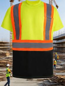 5PCS Men's High-Visibility Safety Short Sleeve Work Shirt With Reflective Stripes - Yellow - View 2