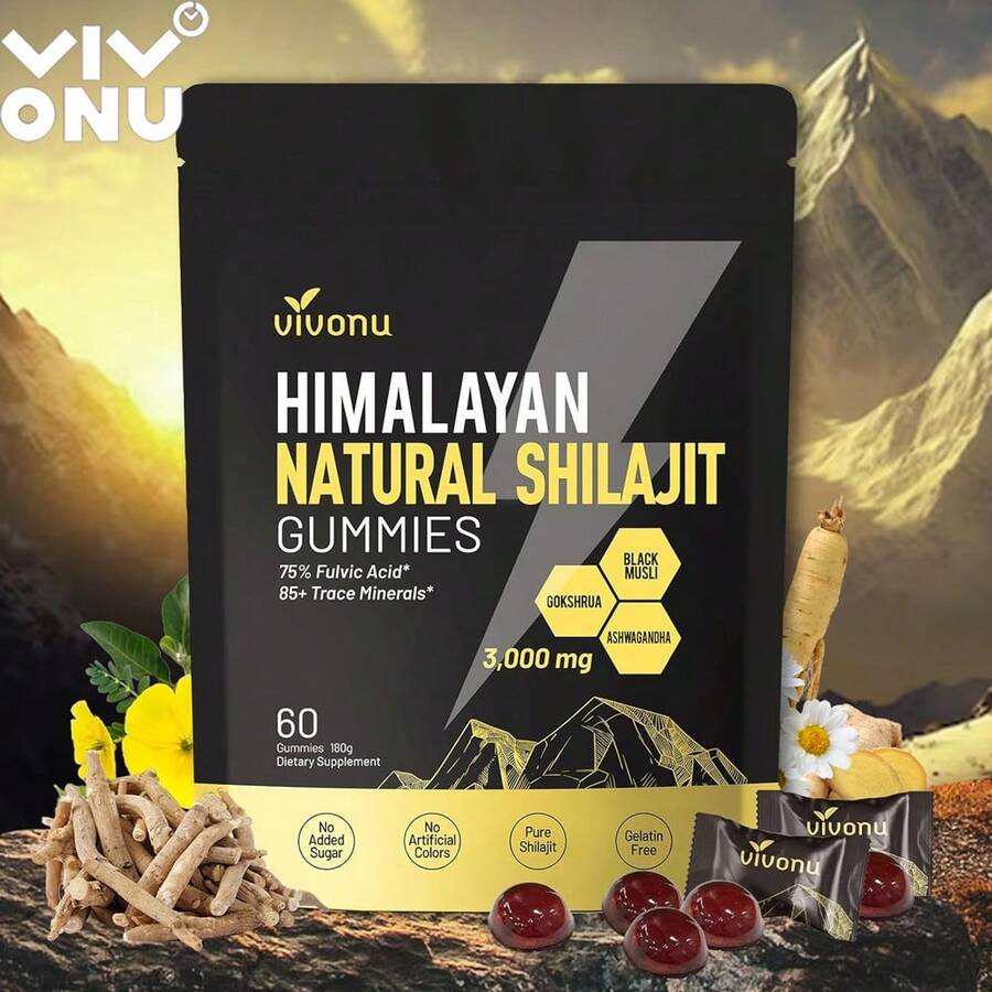 VivoNu Pure Himalayan Shilajit Gummies, Micronutrient Supplement, Himalayan Premium Ingredient With Shilajit - Ashwagandha, Gokshura, Fulvic Acid & 85+ Trace Minerals I For Men, Women - 1 túi - Xem 1