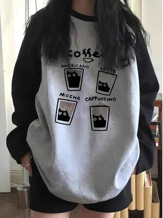 女式休闲宽松插肩袖拼色棉质 T 恤，咖啡色字母印花，百搭秋冬装