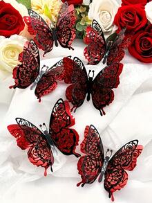6pcs/Set Double-Layer 3D Hollow Glitter Butterfly Decorations, Black With Red Accents, Faux Butterfly Wall Stickers - Perfect For Wedding, Home & Valentine's Day Romantic Decor