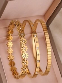 3 chiếc/1 chiếc Vòng tay thép không gỉ họa tiết hoa cúc thời trang và thanh lịch, thích hợp để đeo hàng ngày, xếp chồng, làm phụ kiện cho lễ hội âm nhạc và tiệc tùng - Vàng - Xem 1