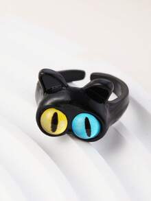 خاتم قطة سوداء ذات عينين مختلفة اللون كرتونية فريدة ومضحكة، مناسب للنساء، هدية وارتداء يومي