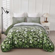 3 Pieces  Olive Green Quilt Set Queen King Size, Botanical Leaves Printed Bedspread Bedding Set, Microfiber Floral Coverlet Bedding Set For Wedding Items, Valentines Day Home Bed Room Decor, Mothers Day Gift, All Season - Màu xanh Ô liu - Xem 2