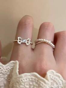 2 piezas Anillos de cinta de lazo en color plateado romántico y adorable estilo Y2K para mujer, anillos de dedo abiertos con líneas geométricas exquisitas, regalo de joyería - corbata de moño - Ver 6