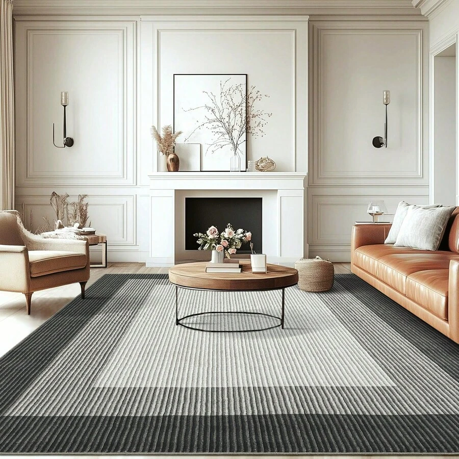 Washable Indoor Modern Bordered Accent Rug Soft Gradient Carpet Faux Wool Print Rug Stain Resistant Indoor Carpet With Non-Slip Backing Non-Shedding Low Pile Floor Cover For Laundry Kitchen Entryway - 黑灰色 - 查看 1