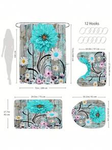 1/4pcs Floral Camping Shower Curtain, Rustic Wooden Board Blue Violet Barn Narrow Fabric Bathroom Set, Suitable For Bathroom Decor, High Quality Shower Curtain With Hooks Includes U-Shaped Design Rug And Toilet Seat Cover