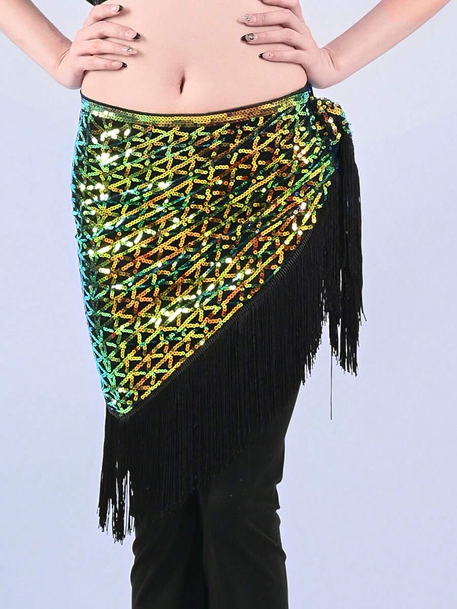 Women's Belly Dance Hip Scarf Sequins Mesh Tassel Fringe Triangle Lace-Up Skirt Waist Chain For Latin Flamenco Spanish Dance - Multicolor - View 1