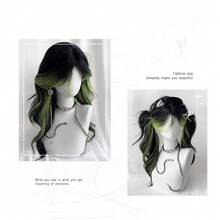Black Wig Green Highlights Long Wavy Wig With Curtain Bangs 26 Inch Ombre Black To Green Wig Synthetic Heat Resistant For Women Daily Party Halloween Cosplay - 綠色 - 查看 4