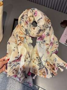 1pc Women's Retro Printed Scarf Shawl - Made Of Polyester, Non-Stretch, Lightweight & Breathable, Windproof & Sun-Proof, Casual Weekend Accessory, Hand Washable, Feather-Free, Suitable For Outdoor & Beach Wear. - Retro White and Pink - View 2